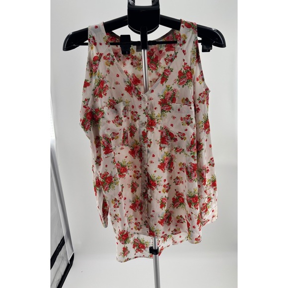 Lucy Love Tops - Lucy Love Floral Cold Shoulder Blouse Womens Large White Red Boho‎ Button Up Top